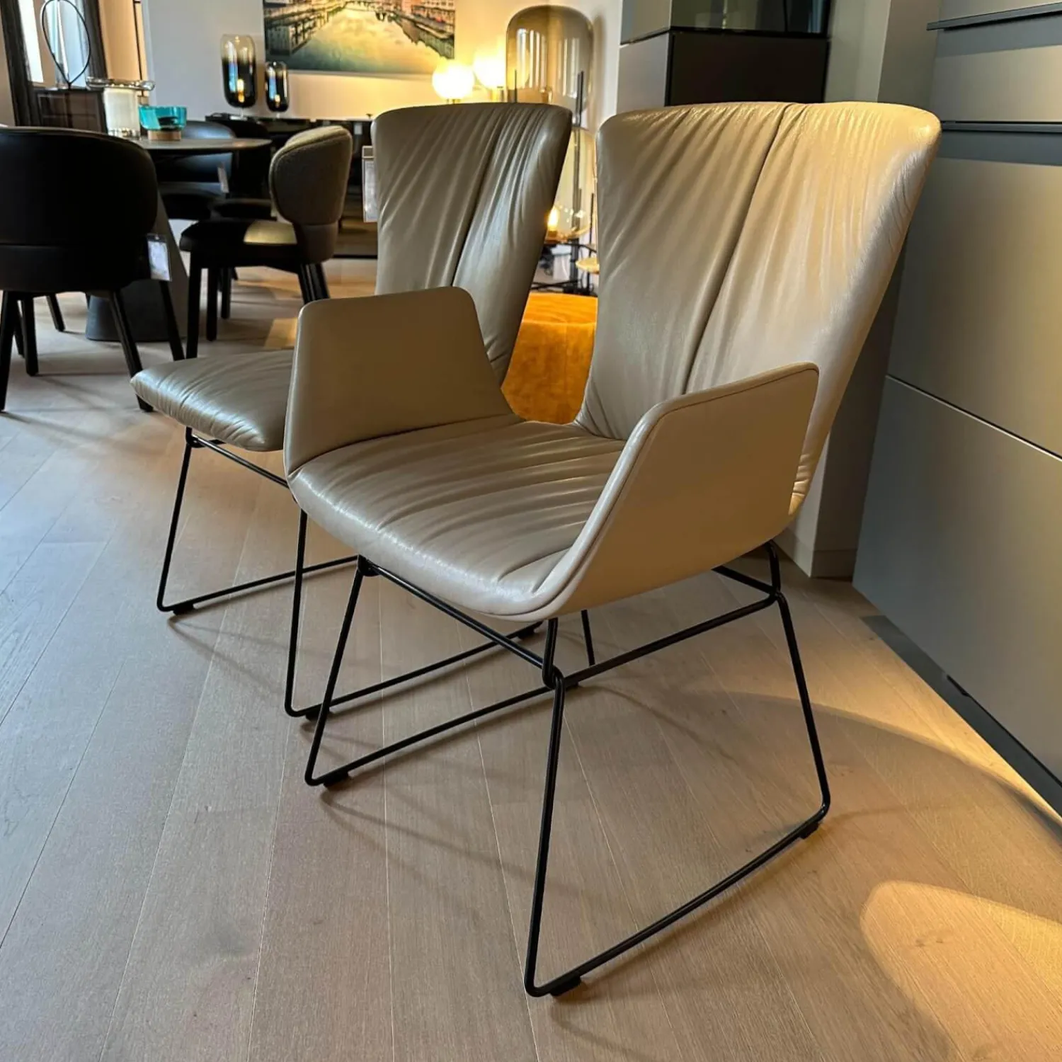 Draenert Stuhlsets|2er Set Stuhl Dexter 2057 Leder 3 Select 12 Schlamm Braun Grau Drahtgestell Schwarz Mit PVC Gleitern