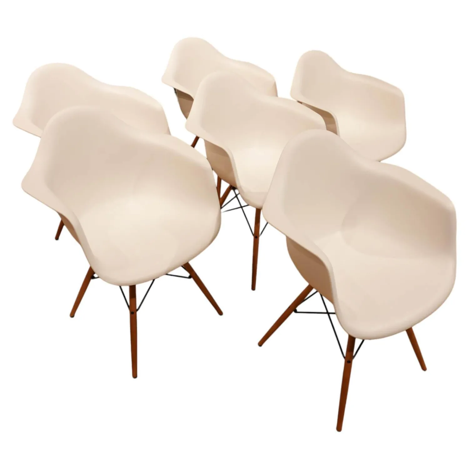 Vitra Stuhlsets|6er Set Stuhl Eames Plastic Armchair DAW Polypropylen Weiß Holzuntergestell Ahorn Gelblich Mit Verstrebungen