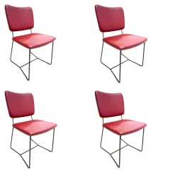 Contur Stuhlsets|4er Set Stuhl Gubio Echtleder Azalee Rot Schlittengestell Umbragrau Grau Ziernaht Kreuzstich Naturell Weiß