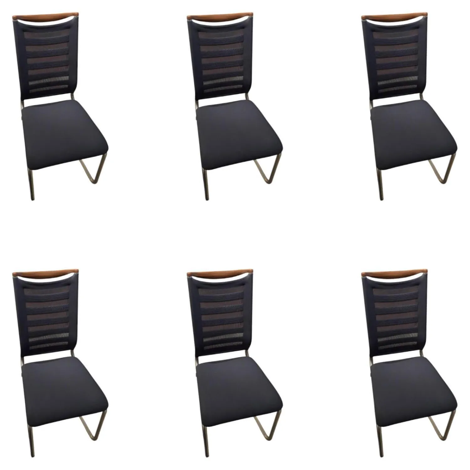 Venjakob Stuhlsets|6er Set Stuhl Lilli Stoff Tritex Titan Blau Kopfstück Nussbaum Gölt Gestell Edelstahloptik Poliert