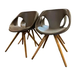 Tonon Stuhlsets|4-er Set Stuhl UP Leder Tender 602 Braun Holzfüße Nussbaum Geölt