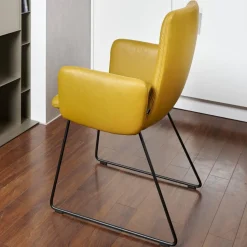 KFF Stuhlsets|2-er Stuhlgruppe Arva Light Mit Armlehne Leder Sauvage Citrin 8118 Drahtkufe Schwarz