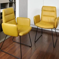 KFF Stuhlsets|2-er Stuhlgruppe Arva Light Mit Armlehne Leder Sauvage Citrin 8118 Drahtkufe Schwarz