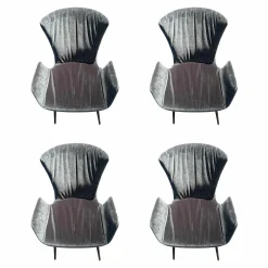 Draenert Stuhlsets|4er-Set Armlehnstuhl Dexter Vorne Stoff Charmelle Cloud Blau Rücken Leder I 89001 Schwarz Gestell Stahl Schwarz