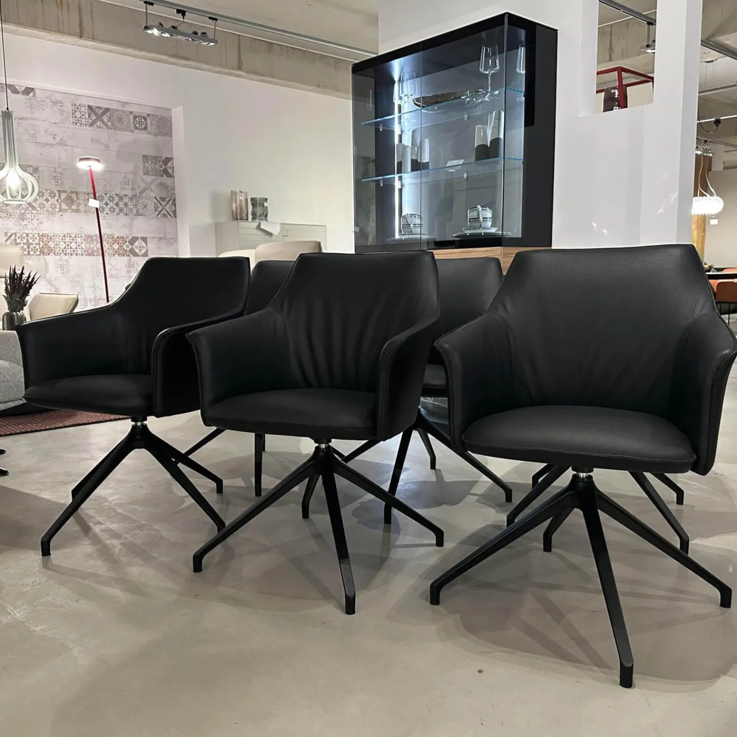 Leolux Stuhlsets|6er-Set Armlehnstuhl Mara Cruz Leder Senso 1000 Schwarz Gestell Metall Epoxy Granite Anthrazit Matt