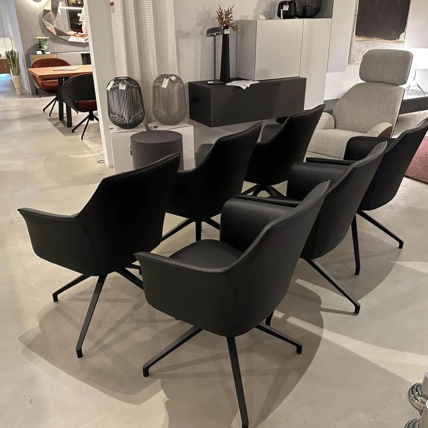 Leolux Stuhlsets|6er-Set Armlehnstuhl Mara Cruz Leder Senso 1000 Schwarz Gestell Metall Epoxy Granite Anthrazit Matt