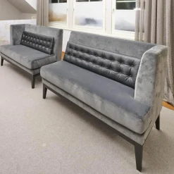 Bielefelder Werkstätten Bänke|2er-Set Bank Polo Dining Stoff City Velvet Reloaded Grau Gestell Esche Schwarz Gebeizt Mit Vorstellkissen