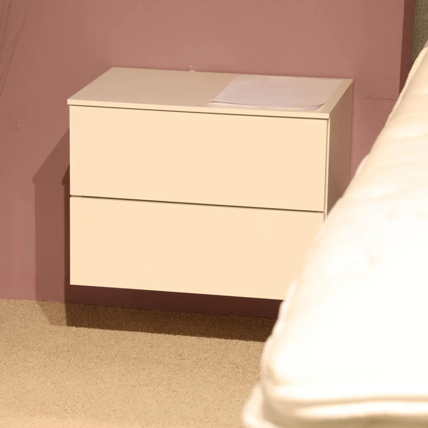 Sudbrock Nachttische|2er-Set Nachtkommode Miria Glattlack 419 Blütenweiß Zargen 023 Birke Sahara Mit Push Beschlag