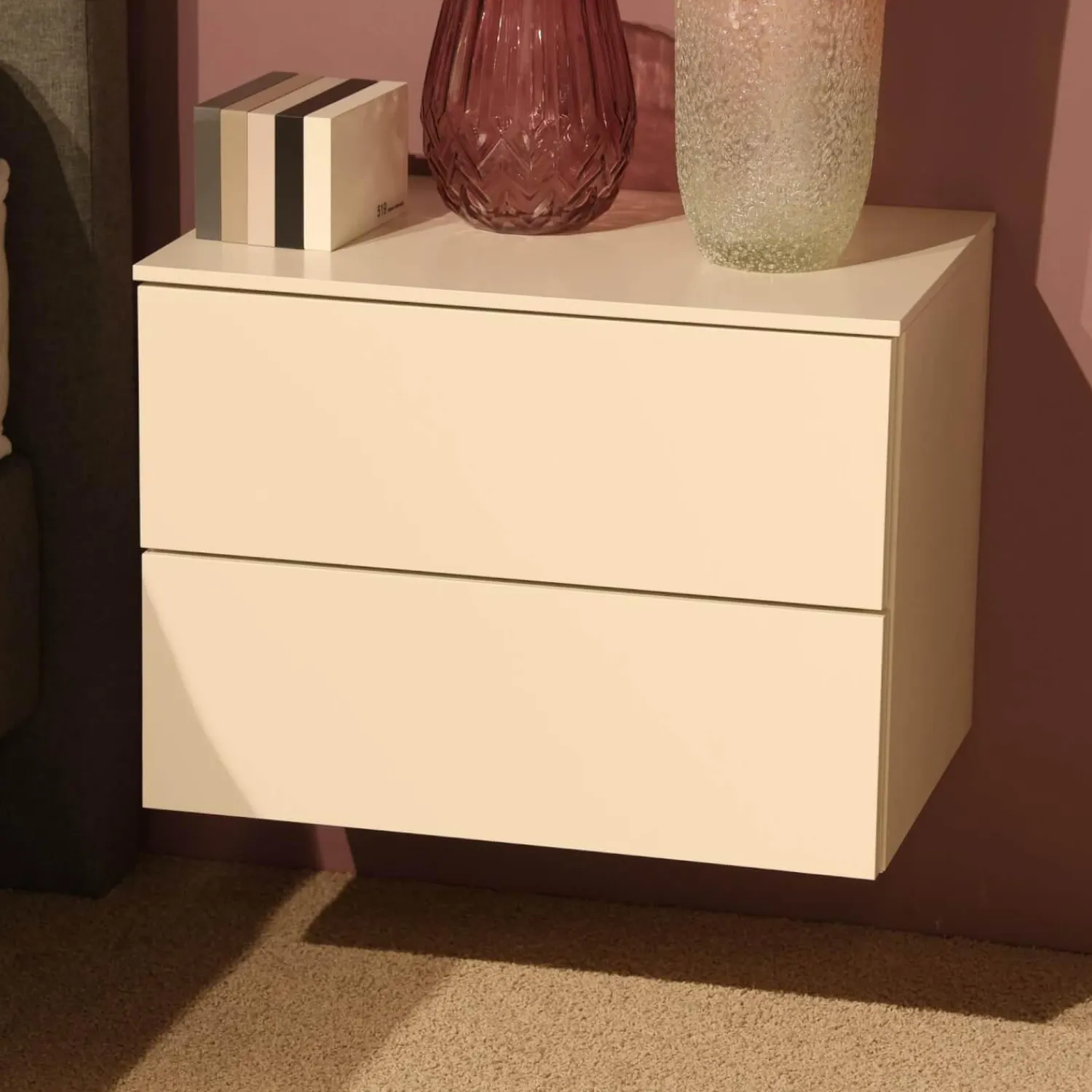 Sudbrock Nachttische|2er-Set Nachtkommode Miria Glattlack 419 Blütenweiß Zargen 023 Birke Sahara Mit Push Beschlag