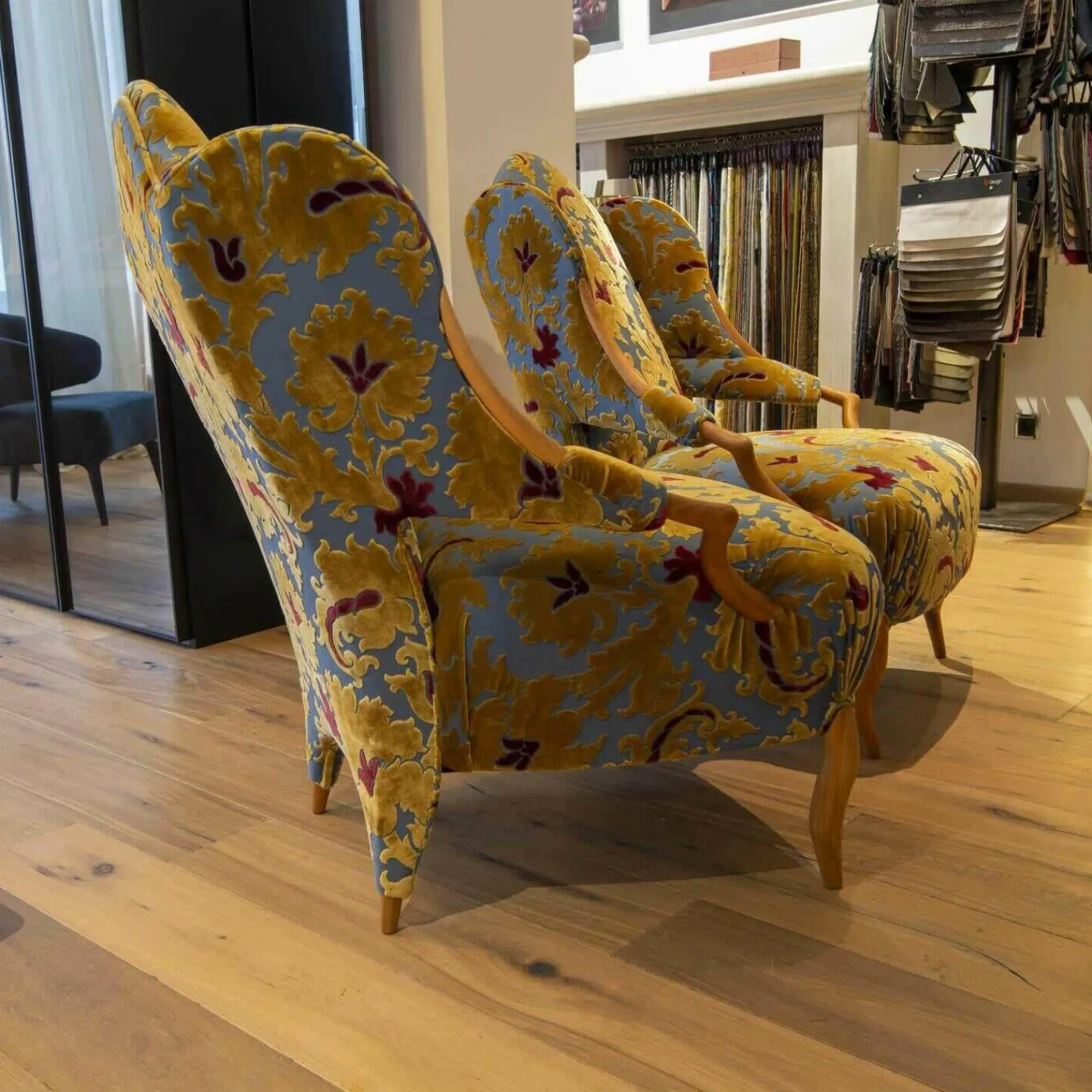 WK Wohnen Stuhlsets|2er-Set Sessel Retrostoff Mehrfarbig Gelb Blau Rot mit Rosshaarfüllung