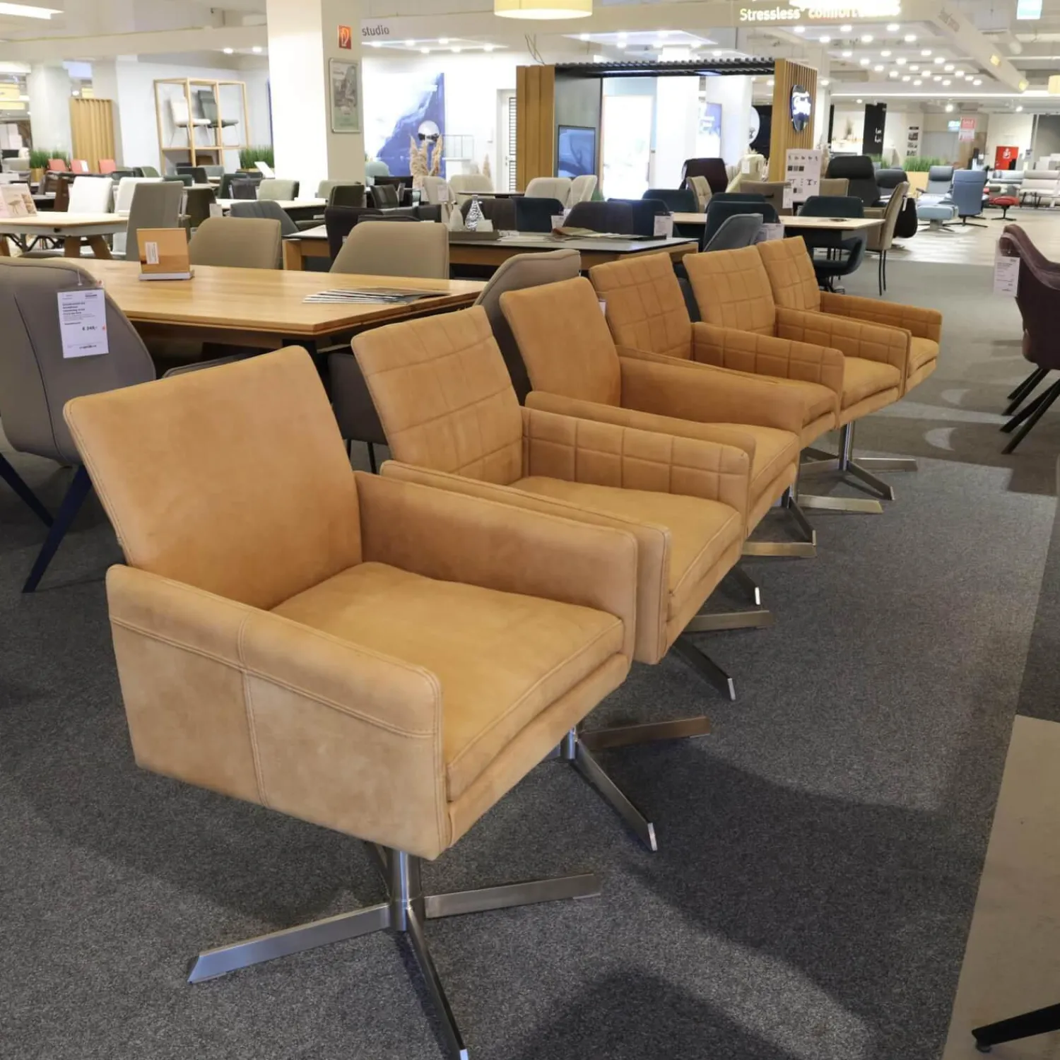 Lavida Stuhlsets|6er-Set Sessel Ricardo Leder Kenia Cognac Braun Drehgestell Edelstahl Matt Mit Gleiterstopfen