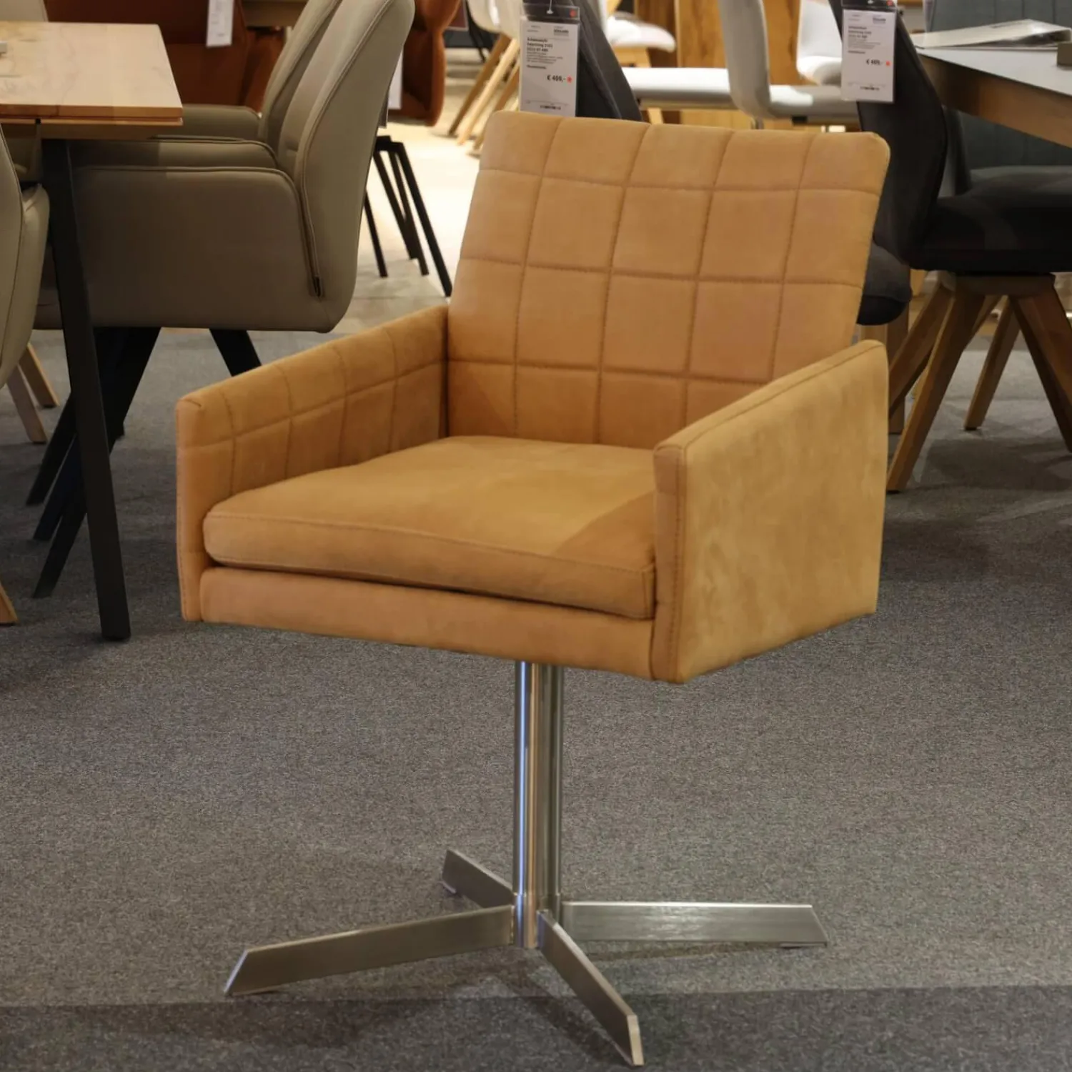 Lavida Stuhlsets|6er-Set Sessel Ricardo Leder Kenia Cognac Braun Drehgestell Edelstahl Matt Mit Gleiterstopfen