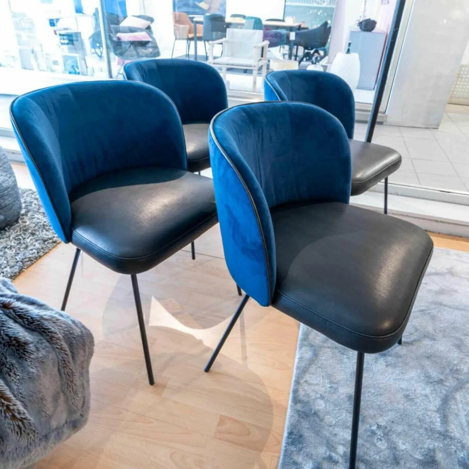 KFF Stuhlsets|4er-Set Stühle Gaia Leder Loft Vulcano 270 Stoff Seven Navy Blau