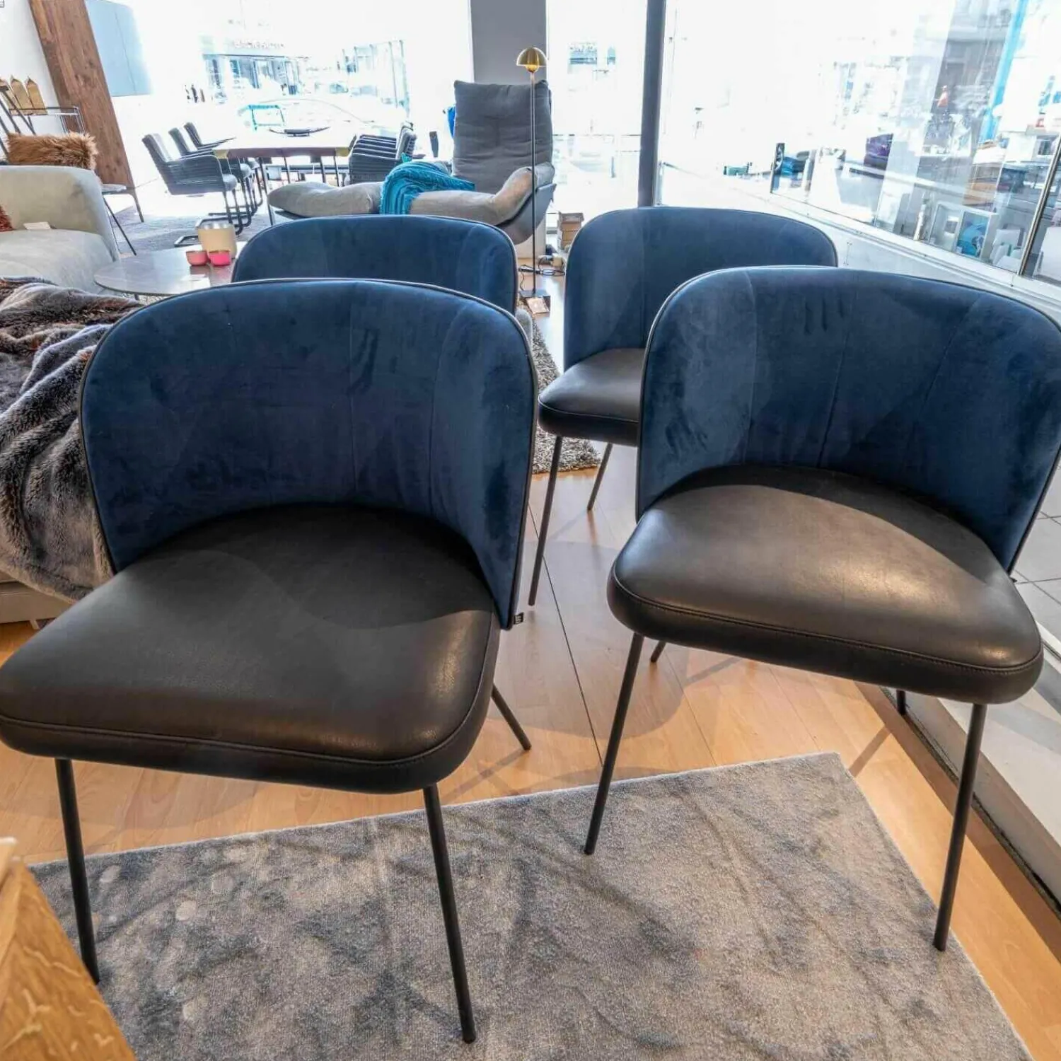 KFF Stuhlsets|4er-Set Stühle Gaia Leder Loft Vulcano 270 Stoff Seven Navy Blau