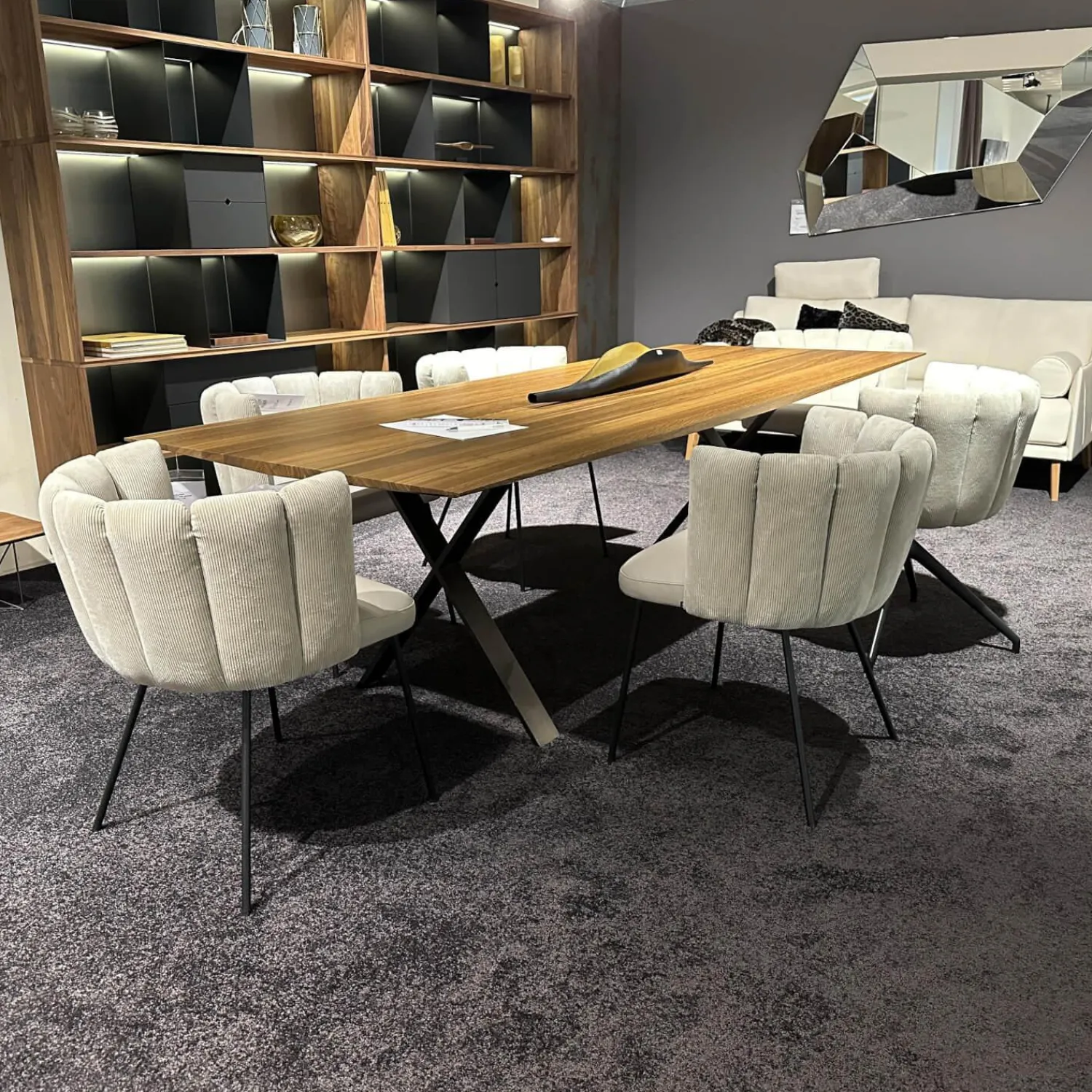 KFF Stuhlsets|6er-Set Stühle Gaia Lehne Stoff Lisboa Weiß Sitzfläche Leder Grau Creme Rundrohr Schwarz