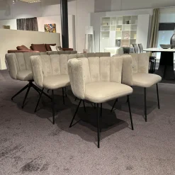 KFF Stuhlsets|6er-Set Stühle Gaia Lehne Stoff Lisboa Weiß Sitzfläche Leder Grau Creme Rundrohr Schwarz