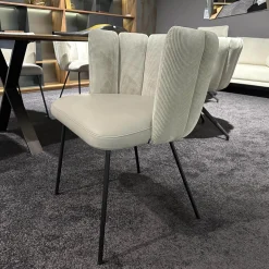 KFF Stuhlsets|6er-Set Stühle Gaia Lehne Stoff Lisboa Weiß Sitzfläche Leder Grau Creme Rundrohr Schwarz