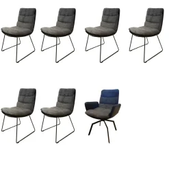 KFF Stuhlsets|7er-Set Stuhl Arva Rücken Leder Milano Schwarz Sitz Stoff Danubio Dunkelgrau