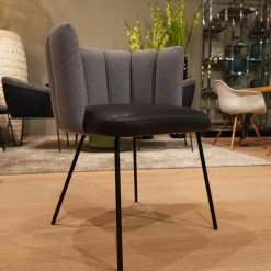 KFF Stuhlsets|6er-Set Stuhl Gaia Bezug Sitz Leder Sauvage Moro Schwarz Rücken Stoff Rohi Opera Fango Grau Metallgestell Schwarz