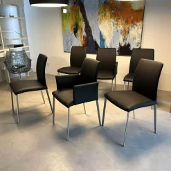 Lavida Stuhlsets|6er-Set Stuhl Oscar Leder Nature Smog Toledo Nero Schwarz Ovalruhr Fuß Edelstahl Matt