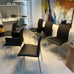 Lavida Stuhlsets|6er-Set Stuhl Oscar Leder Nature Smog Toledo Nero Schwarz Ovalruhr Fuß Edelstahl Matt