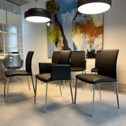 Lavida Stuhlsets|6er-Set Stuhl Oscar Leder Nature Smog Toledo Nero Schwarz Ovalruhr Fuß Edelstahl Matt