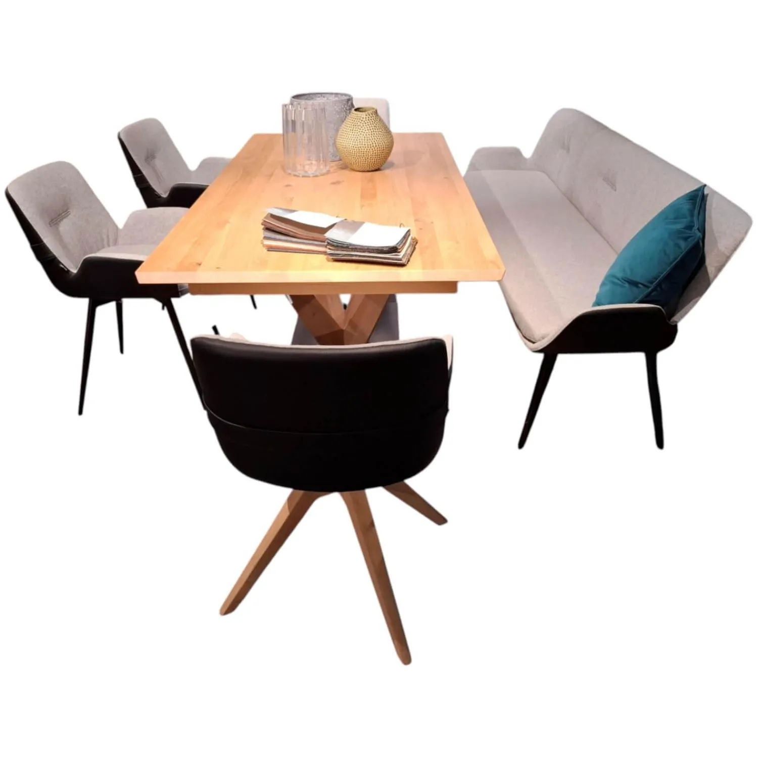 Voglauer Stuhlsets|4er-Set Stuhl Vgalvino Außen Leder Schwarz Innen Loden Grauweiß mit Bank