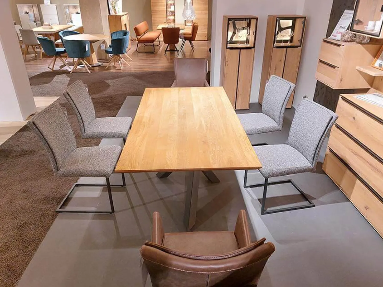 Global Stuhlsets|6er-Stuhlset Floriana 2 Armlehnenstühle 4 Freischwinger Leder Sierra Walnut Braun Stoff Oasis Wood