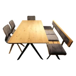 Wiemann Essgruppen|Essgruppe 45225 Tisch Wildeiche Massiv Natur Gestell Metall Lack Schwarz 2140 Stühle Und Bank 663 66SN Wildeiche Natur Effekt Lack Amour 12201 Dark Grey Grau Rücken Stoff Forza 12305 Gestell Metall