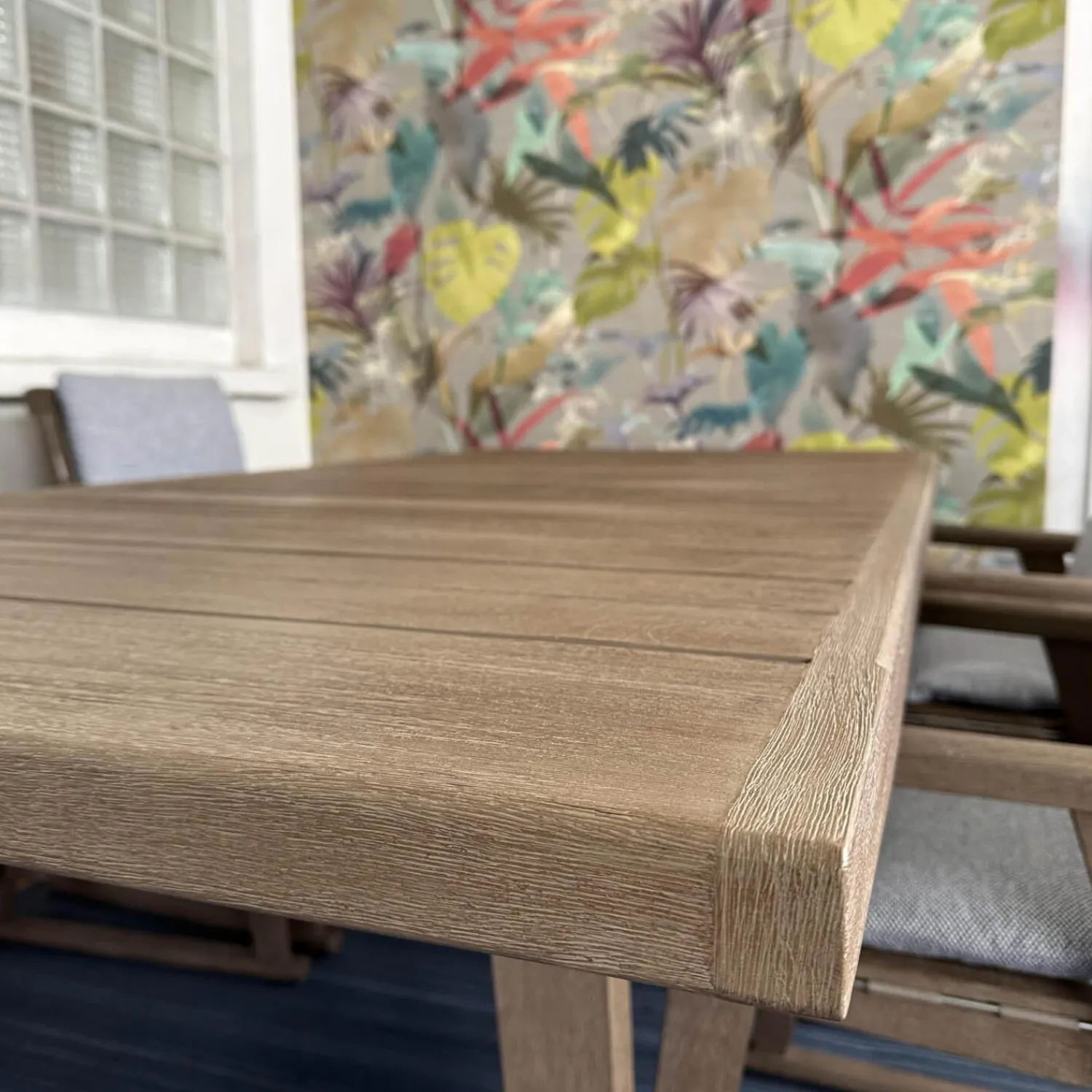 B&B Italia Essgruppen|Essgruppe Gio Outdoor Teak Antique Grey Stühle Bezug Stoff Ecate Blau Weiß