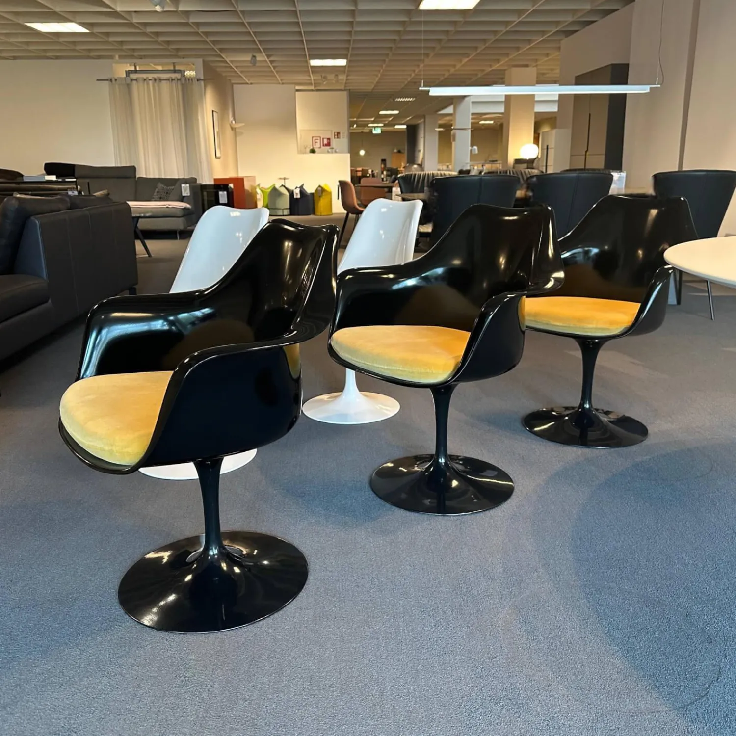 Knoll International Essgruppen|Stuhlsets|Essgruppe Saarinen Tisch Platte Fenix Weiß Fuß Schwarz Stuhl Tulip Fenix Schwarz Und Weiß Stoff Eva 154 Gold
