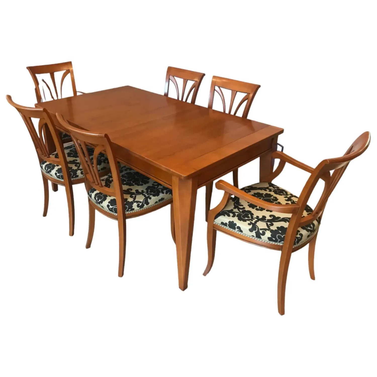 Selva Essgruppen|Essgruppe Tisch 3282 Kirschbaumfarbig Antik Mit Auszug Inklusive 6 Stühlen Milano Kirschbaumfarbig Antik Sitzbezug Stoff S3021 Musterung Beige Schwarz