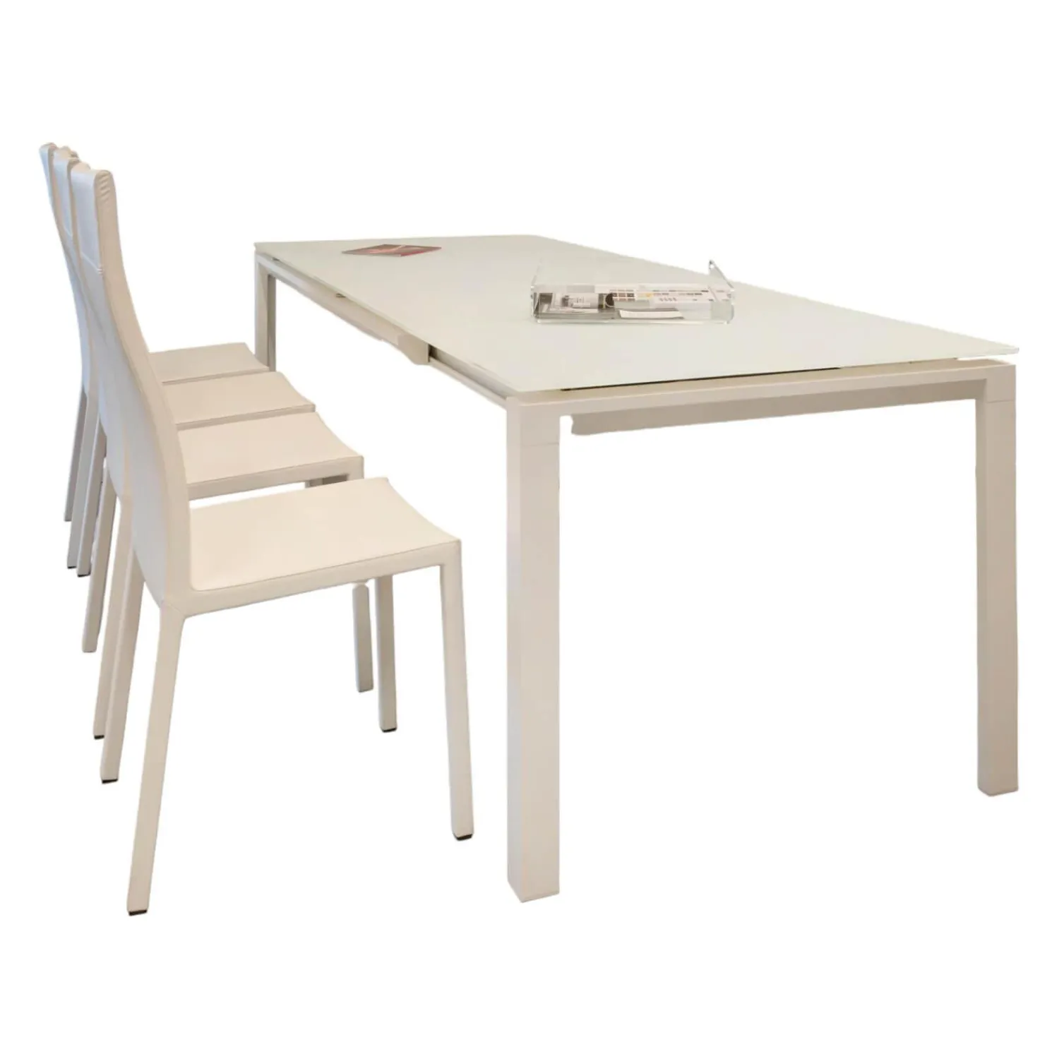 Bonaldo Essgruppen|Essgruppe Tisch Chat Lack Weiß Glas Weiß Ausziehbar mit 4 Stühlen Weiß