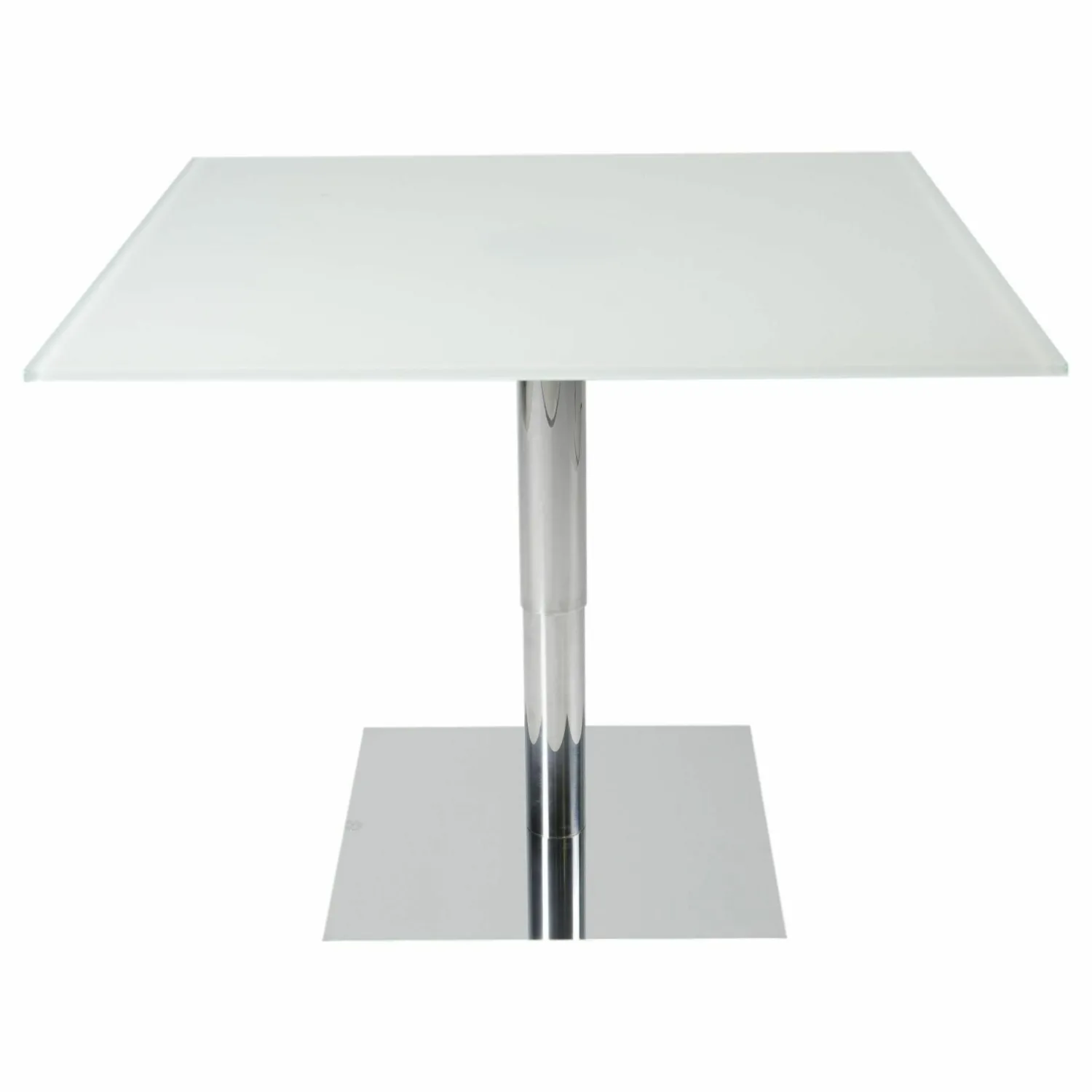 Draenert Esstische|Esstisch 1010 Lift IV Satiniertes Weissglas Bodenplatte Matt-Chrom