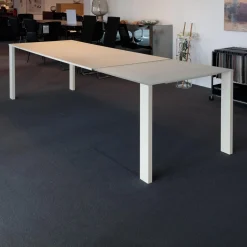 Draenert Esstische|Esstisch 1420 Madison Platte Weißglas Satiniert Gestell Stahlblech Weiß Lackiert Mit Auszug