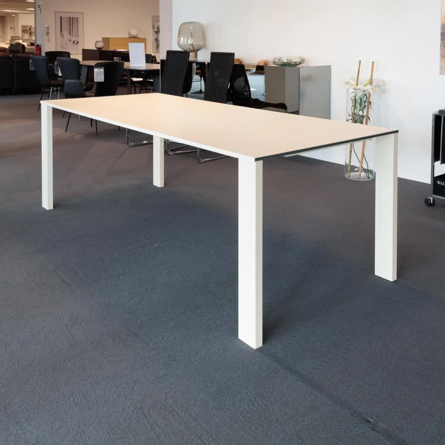 Draenert Esstische|Esstisch 1420 Madison Platte Weißglas Satiniert Gestell Stahlblech Weiß Lackiert Mit Auszug