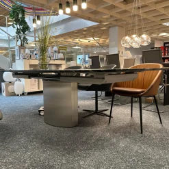 Draenert Esstische|Esstisch Adler 1224 Platte Gneis Silver Paradiso Grau Geledert Sockel Edelstahl Matt Geschliffen Ohne Rollen