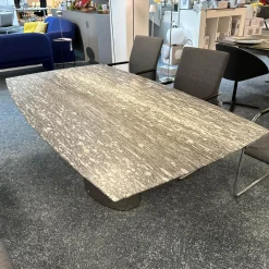 Draenert Esstische|Esstisch Adler 1224 Platte Gneis Grigio Beola Grau Geledert Sockel 2 Oval Edelstahl Matt Geschliffen Ohne Rollen