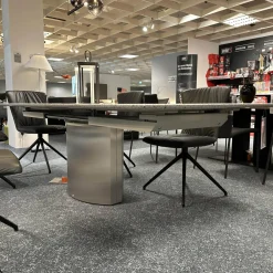 Draenert Esstische|Esstisch Adler 1224 Platte Granit Polar Poliert Grau Sockel Oval Edelstahl Matt Geschliffen Ohne Rollen