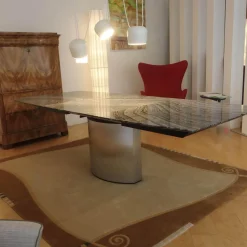 Draenert Esstische|Esstisch Adler 1224 Platte Granit Silver Wave Bootsförmig Poliert Ovalsockel Edelstahl Matt Geschliffen