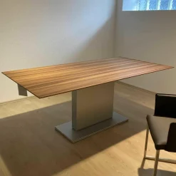 Bacher Esstische|Esstisch Battuta Platte Nussbaum Gewachst Ausziehbar Sockel Chromfarbig