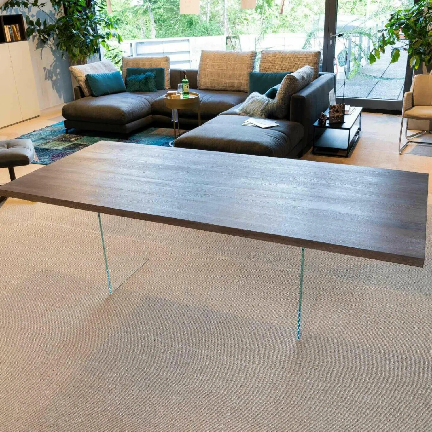 kf furniture Esstische|Esstisch Contur Eiche Astig Gebürstet Geräuchert Und Weiß Geölt Mit Glaswangen Optiwhite Mit Auszug