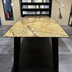 Draenert Esstische|Esstisch Fontana In Stein Forest Brown Braun Beige Trapezförmig Poliert Kante Sockel Vierbeiner Eiche Dunkelgrau