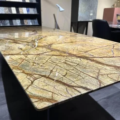 Draenert Esstische|Esstisch Fontana In Stein Forest Brown Braun Beige Trapezförmig Poliert Kante Sockel Vierbeiner Eiche Dunkelgrau