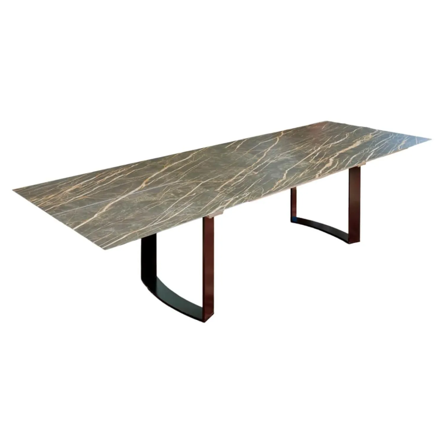 Bacher Esstische|Esstisch Mirado 6171 Platte Keramik Rock Braun Gold Untergestell Kufe Lack Tiefschwarz Mit Klappeinlage