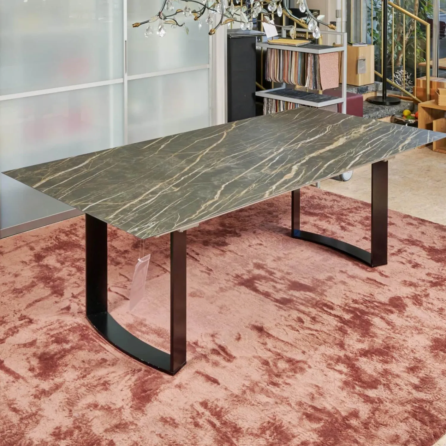 Bacher Esstische|Esstisch Mirado 6171 Platte Keramik Rock Braun Gold Untergestell Kufe Lack Tiefschwarz Mit Klappeinlage