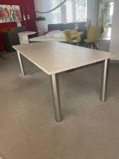 Bacher Esstische|Esstisch Platte Granit Bianco Kristall Grau Gestell Edelstahlrohr