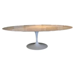 Knoll International Esstische|Esstisch Saarinen Oval Marmor Arabescato Weiß Fuß Schwerer Aluminiumformguss mit Rilsan Beschichtet