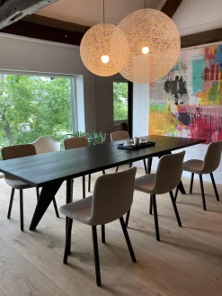 Vitra Essgruppen|Esstischgruppe Mit Tisch S.A.M. Bois Tischplatte Eiche Massivholz Dunkel Gebeitzt Und 6 Stühlen HAL Soft Wood Stoff Dumet Farbe Beige Melange Gestell Eiche Massivholz Dunkel Gebeitzt