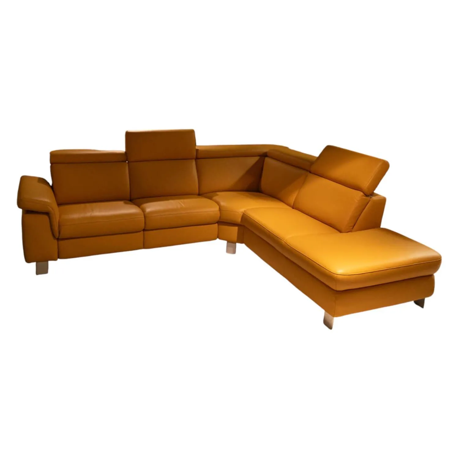 Steinpol Ecksofas|Funktionseckgarnitur Relaxa 6 0 Leder Punch Curry Gelb Metallwinkelfuß Aluminium Gebürstet